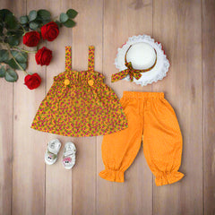 Adorable Baby Girl Toddler Girl Summer Outfit β 3-Piece Floral Top, Polka Dot Pants & Hat Set