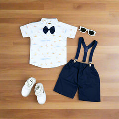 Baby Boy Toddler Boy Sailorman Adventure Trip Bowtie Shirt Shorts & Suspender Set – Stylish Outfit for Special Occasions