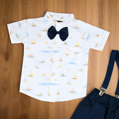 Baby Boy Toddler Boy Sailorman Adventure Trip Bowtie Shirt Shorts & Suspender Set – Stylish Outfit for Special Occasions