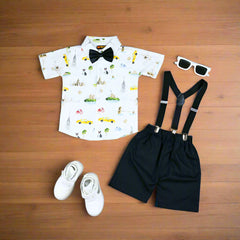 Baby Boy Toddler Boy Adventure Tour Bowtie Shirt Shorts & Suspender Set – Stylish Outfit for Special Occasions