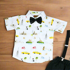 Baby Boy Toddler Boy Adventure Tour Bowtie Shirt Shorts & Suspender Set – Stylish Outfit for Special Occasions