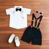 Baby Boy Toddler Boy Giraffe Bowtie Shirt Shorts & Suspender Set – Stylish Outfit for Special Occasions