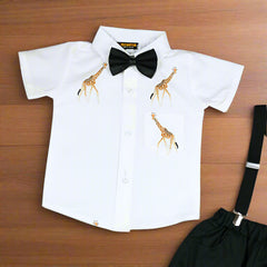 Baby Boy Toddler Boy Giraffe Bowtie Shirt Shorts & Suspender Set – Stylish Outfit for Special Occasions