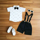Baby Boy Toddler Boy Angle Twist Bowtie Shirt Shorts & Suspender Set – Stylish Outfit for Special Occasions