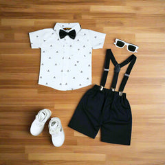 Baby Boy Toddler Boy Angle Twist Bowtie Shirt Shorts & Suspender Set – Stylish Outfit for Special Occasions