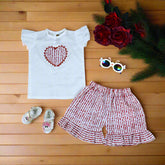 Adorable Baby Girl Toddler Girl Summer Outfit – 2-Piece Heart Embellished Top, Frilled Printed Shorts