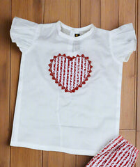 Adorable Baby Girl Toddler Girl Summer Outfit – 2-Piece Heart Embellished Top, Frilled Printed Shorts