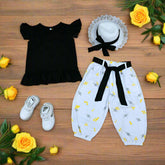 Chic Frilled Sleeves Top & Contrast Honey Bee Printed Belted Pants Set with Summer Hat - Perfect for Casual Outings & Events