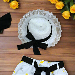 Chic Frilled Sleeves Top & Contrast Honey Bee Printed Belted Pants Set with Summer Hat - Perfect for Casual Outings & Events