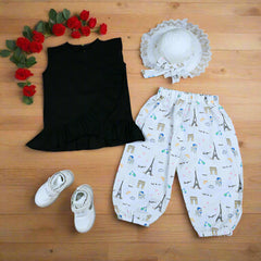 3-Piece Baby Girl Summer Outfit – Ruffle Top, Paris Tour Print Pants & Sun Hat Set, Perfect for Outings and Casual Wear