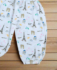 3-Piece Baby Girl Summer Outfit – Ruffle Top, Paris Tour Print Pants & Sun Hat Set, Perfect for Outings and Casual Wear