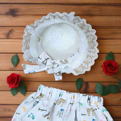 3-Piece Baby Girl Summer Outfit – Ruffle Top, Paris Tour Print Pants & Sun Hat Set, Perfect for Outings and Casual Wear