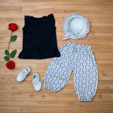 Chic Cross Frills Sleeveless Top & Contrast Lines Pattern Pants Set with Summer Hat - Perfect for Casual Outings & Events