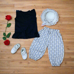 Chic Cross Frills Sleeveless Top & Contrast Lines Pattern Pants Set with Summer Hat - Perfect for Casual Outings & Events