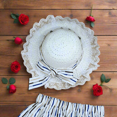 Chic Cross Frills Sleeveless Top & Contrast Lines Pattern Pants Set with Summer Hat - Perfect for Casual Outings & Events