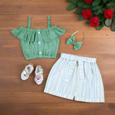 Toddler Girls Off-Shoulder Ruffle Top with High-Waisted Belted Shorts & Matching Bow Headband – 3-Piece Summer Outfit (3 Months to 4 Years)
