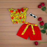 Vibrant Print Off Shoulder Top & Belted Shorts Set – Perfect for Summer Outings