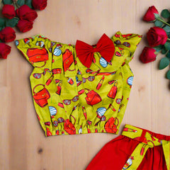 Vibrant Print Off Shoulder Top & Belted Shorts Set – Perfect for Summer Outings