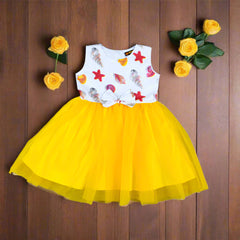 Sea Shells Sleeveless Cotton Mesh Tutu Dress with Bow – Toddler & Girls Casual Wear Party Frock