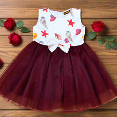 Sea Shells Sleeveless Cotton Mesh Tutu Dress with Bow – Toddler & Girls Casual Wear Party Frock