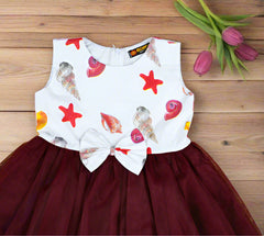 Sea Shells Sleeveless Cotton Mesh Tutu Dress with Bow – Toddler & Girls Casual Wear Party Frock