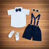Baby Boy Toddler Boy Multi Stripes Bowtie Shirt Shorts & Suspender Set – Stylish Outfit for Special Occasions