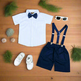 Baby Boy Toddler Boy Beautiful Stripes Bowtie Shirt Shorts & Suspender Set – Stylish Outfit for Special Occasions