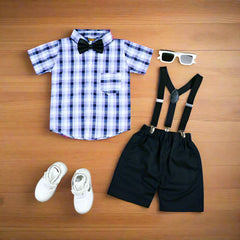 Baby Boy Toddler Boy Checkerd Bowtie Shirt Shorts & Suspender Set – Stylish Outfit for Special Occasions
