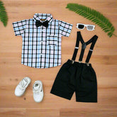 Baby Boy Toddler Boy Awesome Checkered Bowtie Shirt Shorts & Suspender Set – Stylish Outfit for Special Occasions