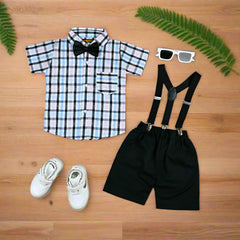 Baby Boy Toddler Boy Awesome Checkered Bowtie Shirt Shorts & Suspender Set – Stylish Outfit for Special Occasions