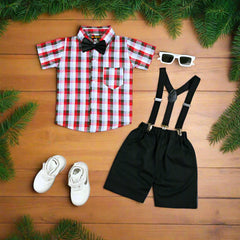 Baby Boy Toddler Boy Super Stylish Checkered Bowtie Shirt Shorts & Suspender Set – Stylish Outfit for Special Occasions