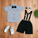 Baby Boy Toddler Boy Knot Pattern Checkered Bowtie Shirt Shorts & Suspender Set – Stylish Outfit for Special Occasions