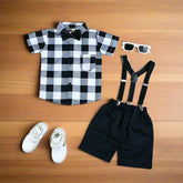 Baby Boy Toddler Boy Check Pattern Bowtie Shirt Shorts & Suspender Set – Stylish Outfit for Special Occasions