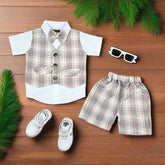Baby Boy Toddler Boy 2-Piece Festive Summer Outfit – Shirt with Checkered Waistcoat, Bowtie & Shorts Set, Stylish Outfit for Special Occasions