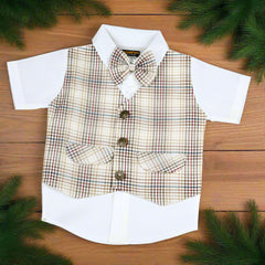 Baby Boy Toddler Boy 2-Piece Festive Summer Outfit – Shirt with Checkered Waistcoat, Bowtie & Shorts Set, Stylish Outfit for Special Occasions