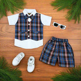 Baby Boy Toddler Boy 2-Piece Stunning Festive Summer Outfit – Shirt with Checkered Waistcoat, Bowtie & Shorts Set, Stylish Outfit for Special Occasions