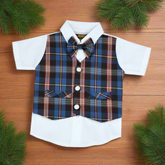 Baby Boy Toddler Boy 2-Piece Stunning Festive Summer Outfit – Shirt with Checkered Waistcoat, Bowtie & Shorts Set, Stylish Outfit for Special Occasions