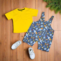 Baby Boy Dungaree Shorts Set – Space Trip Print Overalls with Half Sleeve T-Shirt (3–24 Months)