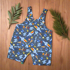 Baby Boy Dungaree Shorts Set – Space Trip Print Overalls with Half Sleeve T-Shirt (3–24 Months)