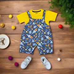 Baby Boy Dungaree Shorts Set – Space Trip Print Overalls with Half Sleeve T-Shirt (3–24 Months)