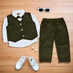 Baby & Toddler Olive Green Corduroy Outfit – 4-Piece Formal Set with Shirt, Vest & Pants (3M–4Y)