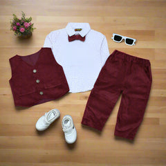 Baby & Toddler Burgundy Corduroy Formal Set – 4-Piece Outfit with Shirt, Vest & Pants (3M–4Y)