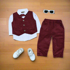 Baby & Toddler Burgundy Corduroy Formal Set – 4-Piece Outfit with Shirt, Vest & Pants (3M–4Y)