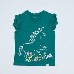 Unicorn Ruffled Sleeves Round Neck Girls T-Shirt