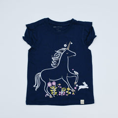Unicorn Ruffled Sleeves Round Neck Girls T-Shirt
