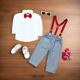 Gorgeous Grey Baby Boy Toddler Boy Formal Outfit – White Shirt, Grey Pants & Red Bowtie Suspenders (3-Piece Set)