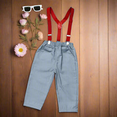 Gorgeous Grey Baby Boy Toddler Boy Formal Outfit – White Shirt, Grey Pants & Red Bowtie Suspenders (3-Piece Set)