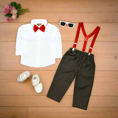 Dark Olive Baby Boy Toddler Boy Formal Outfit – White Shirt, Dark Olive Pants & Bowtie Suspenders (3-Piece Set)