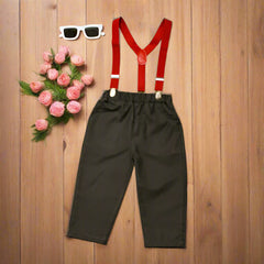 Dark Olive Baby Boy Toddler Boy Formal Outfit – White Shirt, Dark Olive Pants & Bowtie Suspenders (3-Piece Set)