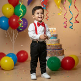 White shirt with red bow tie, black pants with suspenders
